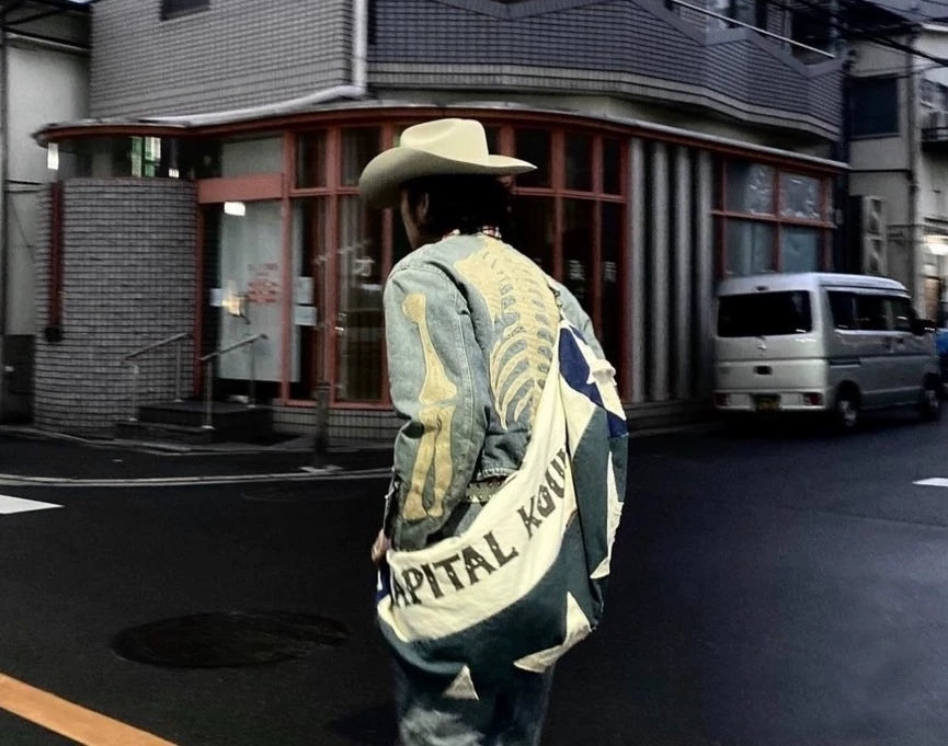 24SS KAPITAL Kazuhiro Hirata Double sided Denim Denim Heavy duty Bone Embroidered Loose Jacket Coat