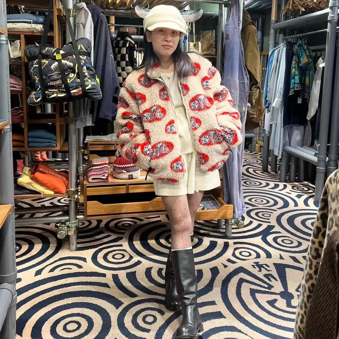 Justin Bieber's same KAPITAL Hirata and Hongri lamb fleece warm 8T6 patterned jacket