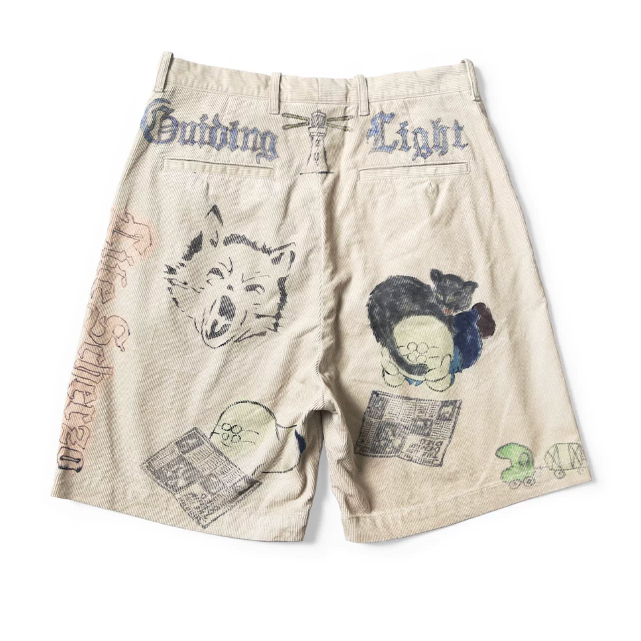 25SS KAPITAL Hirata and Hongri style casual cartoon fun printed washed water distressed corduroy shorts