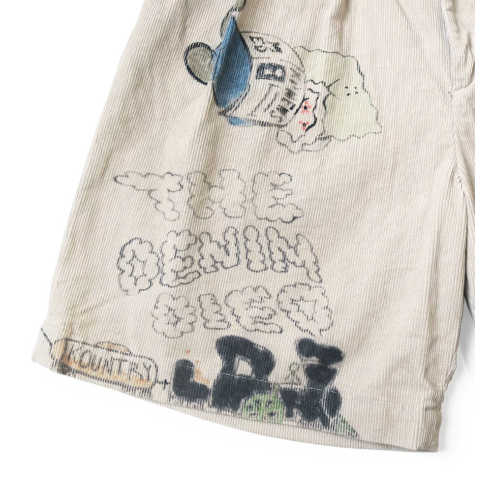 25SS KAPITAL Hirata and Hongri style casual cartoon fun printed washed water distressed corduroy shorts