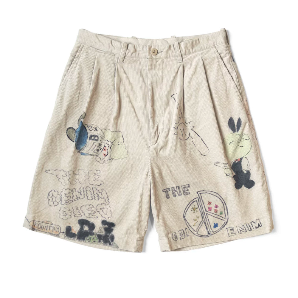 25SS KAPITAL Hirata and Hongri style casual cartoon fun printed washed water distressed corduroy shorts