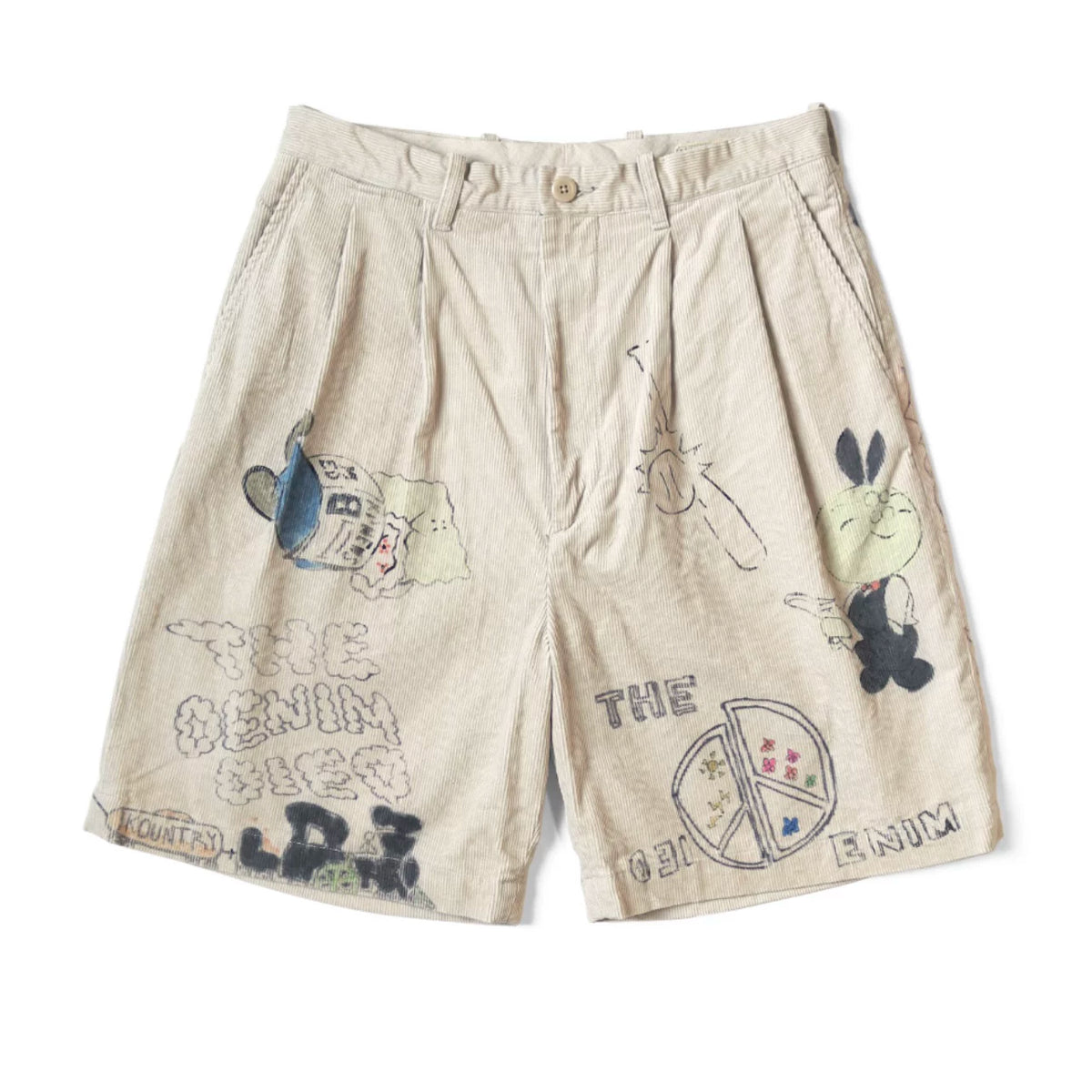 25SS KAPITAL Hirata and Hongri style casual cartoon fun printed washed water distressed corduroy shorts